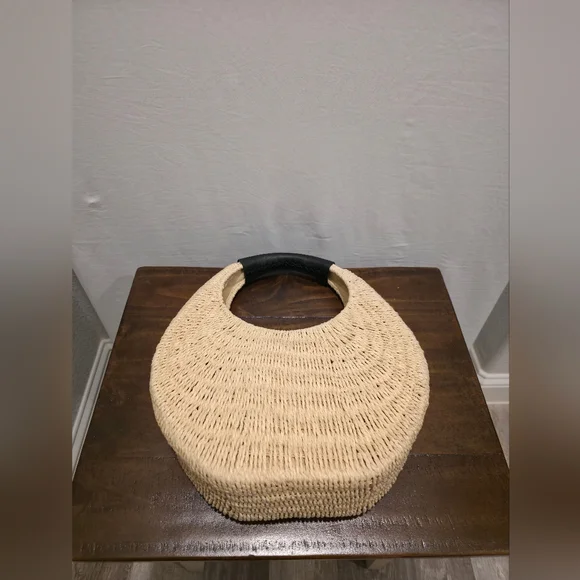 Cottagecore Coastal "A New Day" Neutral Wicker Straw Beige  Top Handle Bag - Picture 3 of 4